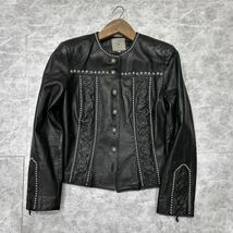 R @ 古着 '希少 ビンテージ' DOUBLE RANCH 本革 LEATHER スタッズ装飾 レザー ジャケット sizeL レディース 婦人服 アウター BLACK 90's _画像1