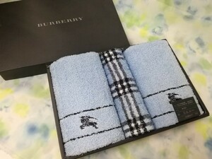 g_t Q810 バーバリー BURBERRY フェイスタオル2枚 綿100% ウォッシュタオル1枚 ロゴ刺繍 ブルー/西川産業 日本製 箱入り