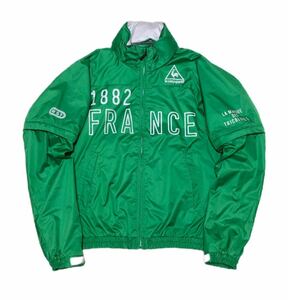 9910《le coq sportif GOLF ルコックゴルフ》ホワイトライン ロゴ 1882 FRANCEプリント フルジップ 2way ナイロン ジャケット グリーン M