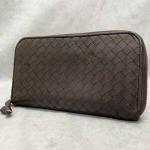 1円〜 美品 BOTTEGA VENETA ボッテガヴェネタ 長財布 ジップアラウンドウォレット イントレチャート ダークブラウン