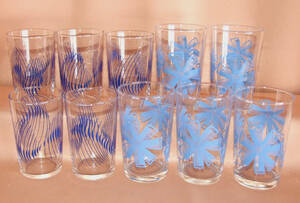 昭和　レトロ　グラス　青色　水色　ポップ柄　花柄　１０個　セット　