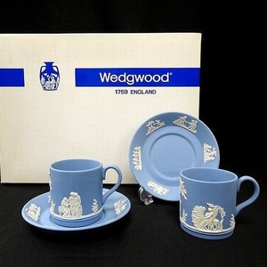 WEDGWOOD ウェッジウッド 美品 英国製 ジャスパーウェア ペールブルー デミタスカップ＆ソーサー 2客セット 食器 ▲010▼bus9125b