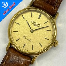 ◆ロンジン LONGINES◆ラウンド クォーツ 腕時計 レディース ウォッチ ゴールド文字盤 SS レザーブレス 2針 不動品_画像1