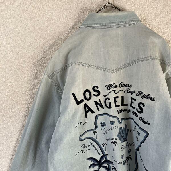 L2 LAデニムシャツ背面刺繍　長袖ロサンゼルス　パールスナップボタン　Mメンズ