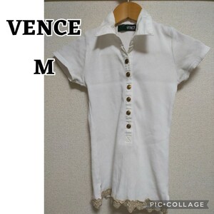 VENCE 襟付き半袖Tシャツ M オフホワイト ゴールドボタン レース ポロシャツ カットソー トップス リブ レディース