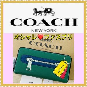 【新品】COACH コーチ　長財布 ラウンドジップウォレット　アコーディオン　ファスナープリント　ジッププリント　緑 グリーン