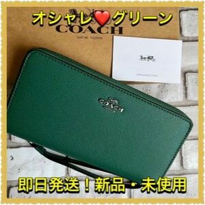 ★ COACH 　 長財布　レザー ロングジップアラウンド　緑　グリーン　★