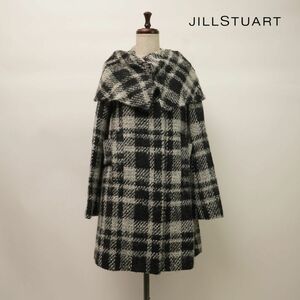 新品未使用 JILL STUART ジル スチュアート ウール モヘヤ混 チェックツイード風ビッグカラーロングコート レディース 黒 白 サイズM*LC643