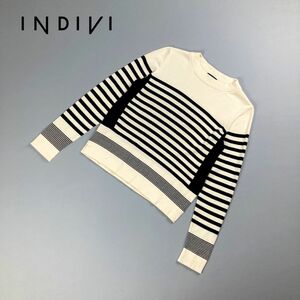 美品 INDIVI インディヴィ デザインボーダー ウール100% 長袖カットソー トップス レディース 白 アイボリー 黒 サイズ38*LC62