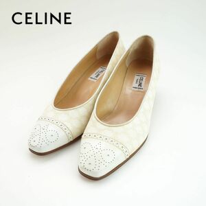 CELINE セリーヌ 37 23.0 パンプス ヒール スクエアトゥ マカダム柄 レザー 白 ホワイト/LC51