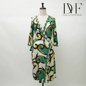 美品 DIANE von FURSTENBERG ダイアンフォンファステンバーグ 総柄 シルク100% ラップワンピース レディース 緑 サイズ2*LC330