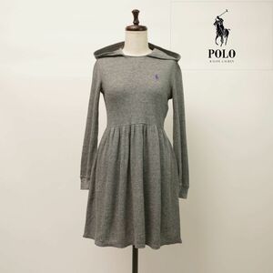 美品 POLO RALPH LAUREN ポロラルフローレン フード付き ワッフル生地 長袖フレアワンピース レディース グレー サイズL*LC283