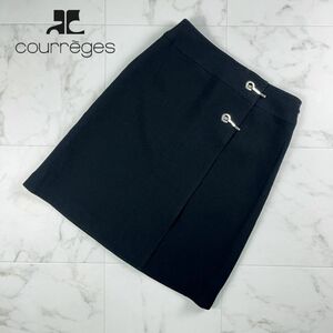 美品 Courreges クレージュ ウール100% シルバー金具 膝丈セミフレアスカート 裏地あり レディース ボトムス 黒 ブラック サイズ40*LC376