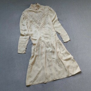 ガニーサックス GUNNE SAX シルクドレス ワンピース チュニック ローウエスト スタンドネック 70〜80年代 ジャガード サテン 