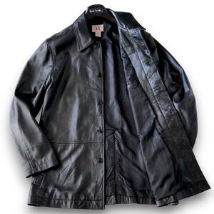B01 美品 溢れる高級感 M『アルマーニ エクスチェンジ』本革 リアル カウレザー 牛革 ロング ステンカラー コート ジャケット黒ブラック