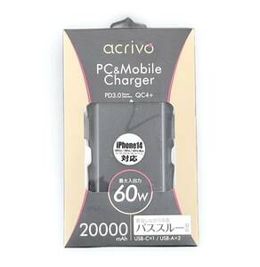 acrivo PC&Mobile Charger PD3.0 QC4+対応 大容量モバイルバッテリー ACS-LB60W20B 20000mAh【B-113】