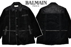 A-4644★BALMAIN PARIS バルマン パリ★ブラック黒 本革 スエード生地 羊革 豚革 切替 ラムレザー ジャケット ハーフコート Ｌ 