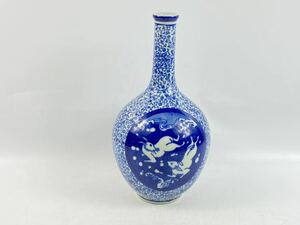 【福蔵】有田焼 徳利 染付 蛸唐草蓮花紋 ウサギ 花瓶 伊万里 美品 高28cm