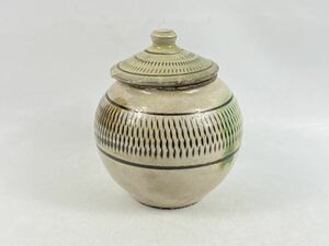 【福蔵】小鹿田焼 小石原焼 茶入 飛び鉋 二彩 蓋物 民藝 茶道具 高12.7cm