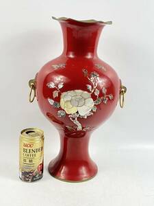 【福蔵】韓国 花瓶 漆器 象嵌 螺鈿細工 赤 高さ33.7cm
