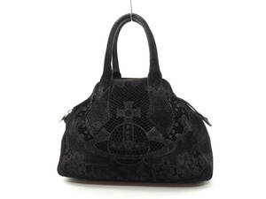 14660 美品 Vivienne Westwood ヴィヴィアンウエストウッド オーブロゴ レース模様 総柄 ヌバック スエード レザー ハンドバッグ 黒 伊製