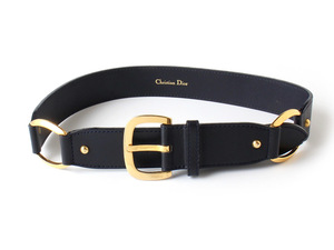 N14722 美品 Christian Dior クリスチャンディオール レザー ベルト ヴィンテージ ブラック ゴールドバックル 黒×金
