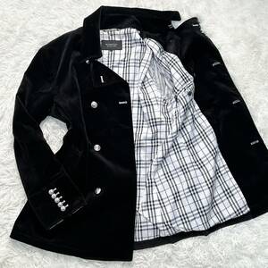 ●最高級の逸品●BURBERRY BLACK LABEL バーバリーブラックレーベル ベロア ピーコート ジャケット 銀ボタン チェック メンズ 黒 Mサイズ