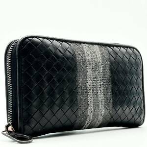 1円●高級●BOTTEGA VENETA ボッテガヴェネタ イントレチャート 刺繍 長財布 ラウンドファスナー ジップ 多収納 メンズ 黒 ブラック