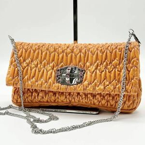 1円●美品●miu miu ミュウミュウ チェーン ショルダーバッグ マテラッセ ビジュー クリスタル ターンロック 斜め掛け可 レザー オレンジ