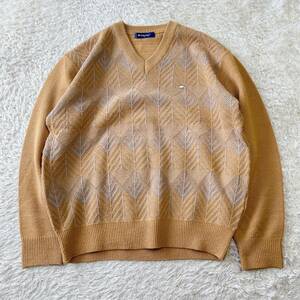 【Golden Bear/ゴールデンベア】長袖 ニット セーター Ｖネック メンズ L ウール混 ワンポイント キャメル Rstore40121