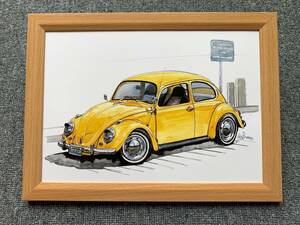 ■BOW。池田和弘『VW Beetle 街角』B5サイズ 額入り 貴重イラスト 印刷物 ポスター風デザイン 額装品 アートフレーム 旧車