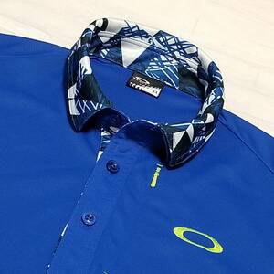 【BIGサイズ/極美品】◎ OAKLEY オークリー/ 長袖 ワンポイント刺繍ロゴ ポロシャツ ゴルフウェア　SIZE： XL　ブルー