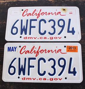 【送料無料】2枚セット! * カリフォルニア ナンバープレート 2013年以降 ライセンスプレート カープレート CALIFORNIA 「6WFC394」 220