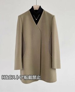 秋冬新作カシミヤコートレディースファッションシンプルVネック高級両面ウールコート
