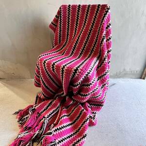 [USA vintage]gla knee blanket pink × black stripe bedcover rug America Vintage 