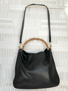 GUCCI グッチ 001 2013 1577 バンブー レザー 2WAY ワンハンドル ハンドバッグ ショルダー 肩掛け レディース ブラック系 