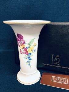 KPM ROYAL BERLIN ロイヤルベルリン フラワーベース 高さ19㎝ 花柄 トランペット型 陶器 花瓶 ドイツ製 未使用品 長期保管品