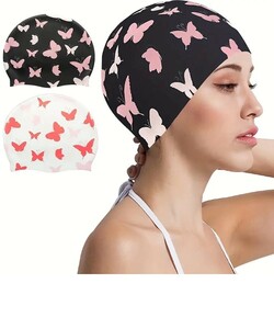 【プールに映える！】スイムキャップ花柄《蝶々》swimming cap　柔らかシリコン素材　黒