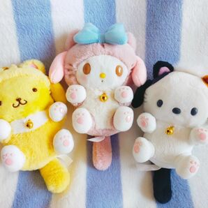 3体セット　サンリオ　マイメロディ　ポムポムプリン　ポチャッコ　ねこコスチューム　チェーンマスコット　ぬいぐるみ　