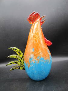 MURANO ベネチアンガラス ムラーノ/ムラノ Rooster 雄鶏 にわとり オレンジ×ペールブルー 置き物 オブジェ インテリア