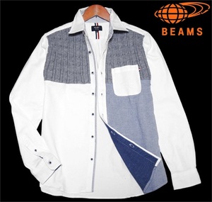 新品!! BEAMS HEART ストレッチ 切替 オックスフォード 長袖 シャツ ホワイト (M) ☆ ビームスハート メンズ レギュラーフィット 春秋 白