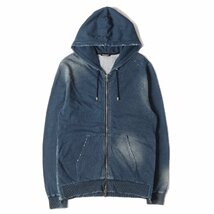 美品 BALMAIN バルマン パーカー サイズ:XL 近年モデル ダメージ加工 サイドジップ スウェット パーカー バイカー インディゴ フーディー_画像1