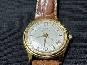 ※21962 ORIS SA7445 動作品 自動巻き 25石 裏スケルトン 12時位置赤/赤デイト スイス製 アンティーク メンズ腕時計