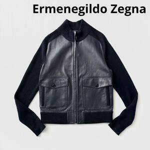 Ermenegildo Zegna エルメネジルドゼニア クチュール レザー カシミヤ コンビブルゾン ジップアップ ニット セーター 52 ネイビー 紺 正規