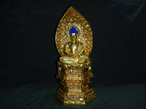 仏教美術 仏像 木製 純金箔張り 高さ：25.5cm 釈迦如来像 釈迦如来 大日如来 阿弥陀 如来仏 降魔印 金箔張り 座仏 佛像 美品
