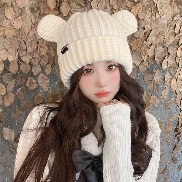 【韓国風】可愛いニット帽 ニットキャップ ホワイト白