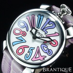 ◆パステルカラー◆ GaGaMILANO ガガミラノ マニュアーレ40 SS/革 5020 QZ シェル文字盤 純正ベルト尾錠 箱保 レディース 腕時計 「23223」