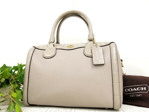 COACH コーチ◆F67414◆カーフ レザー 本革◆ハンド バッグ◆グレージュ ゴールド金具◆美品◆クロコ型押し◆腕掛け◆ターンロック◆N7297