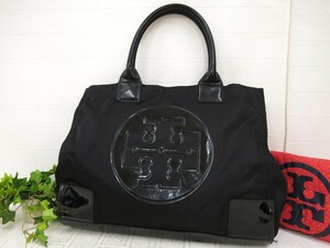 TORY BURCH トリーバーチ◆ナイロン エナメル パテント レザー 本革◆トート バッグ◆ブラック ゴールド金具◆ビッグロゴ◆肩掛け◆N7442