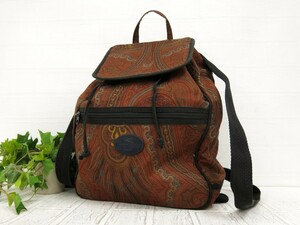 ETRO エトロ◆ナイロン◆リュック サック バックパック◆ブラウン ブラック シルバー金具◆美品◆ペイズリー柄◆ロゴプレート◆N7407